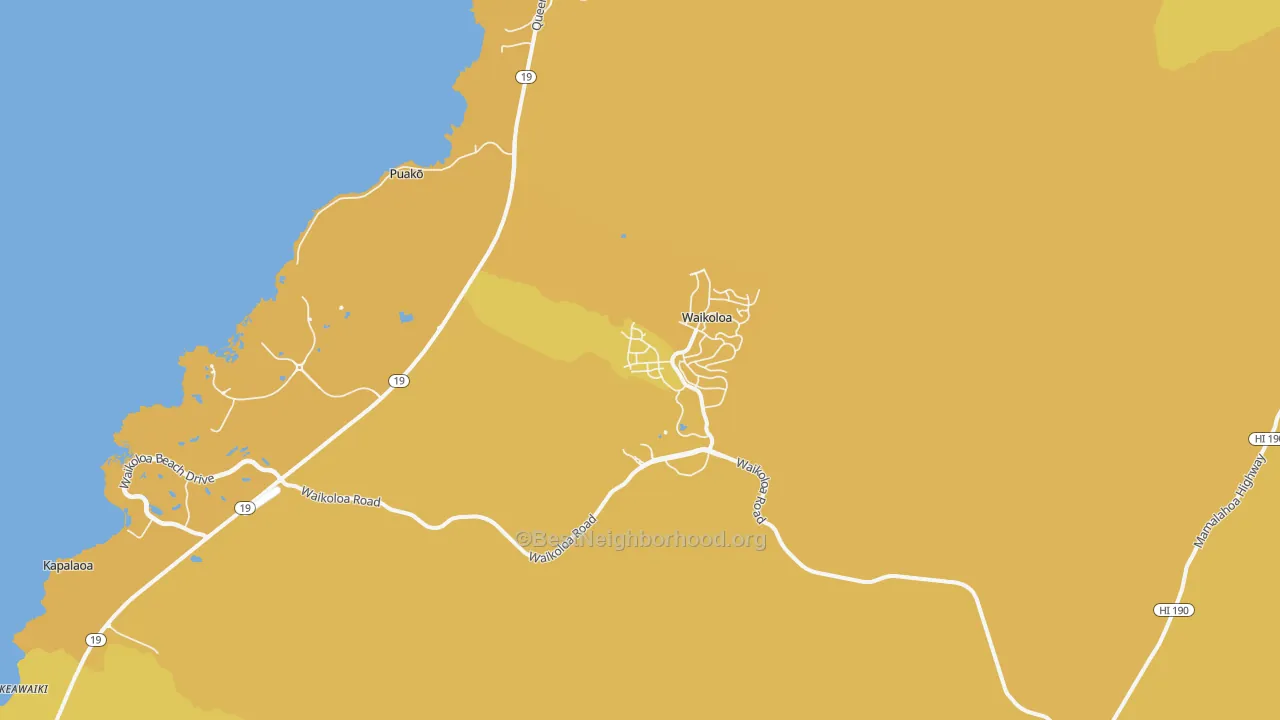 Map of the best neighborhoods in the 96738 area, with better matches in green and worse matches in red