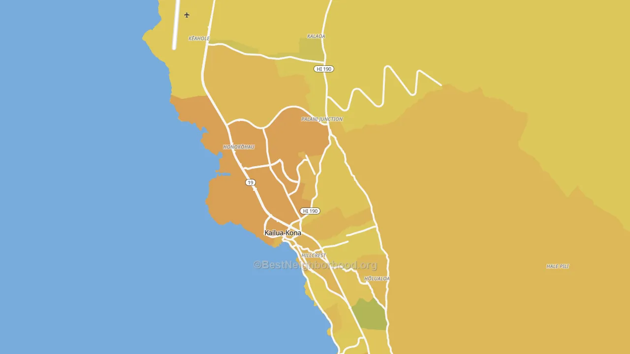 Map of the best neighborhoods in the 96740 area, with better matches in green and worse matches in red