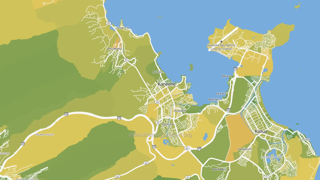 Map of the best neighborhoods in the 96744 area, with better matches in green and worse matches in red