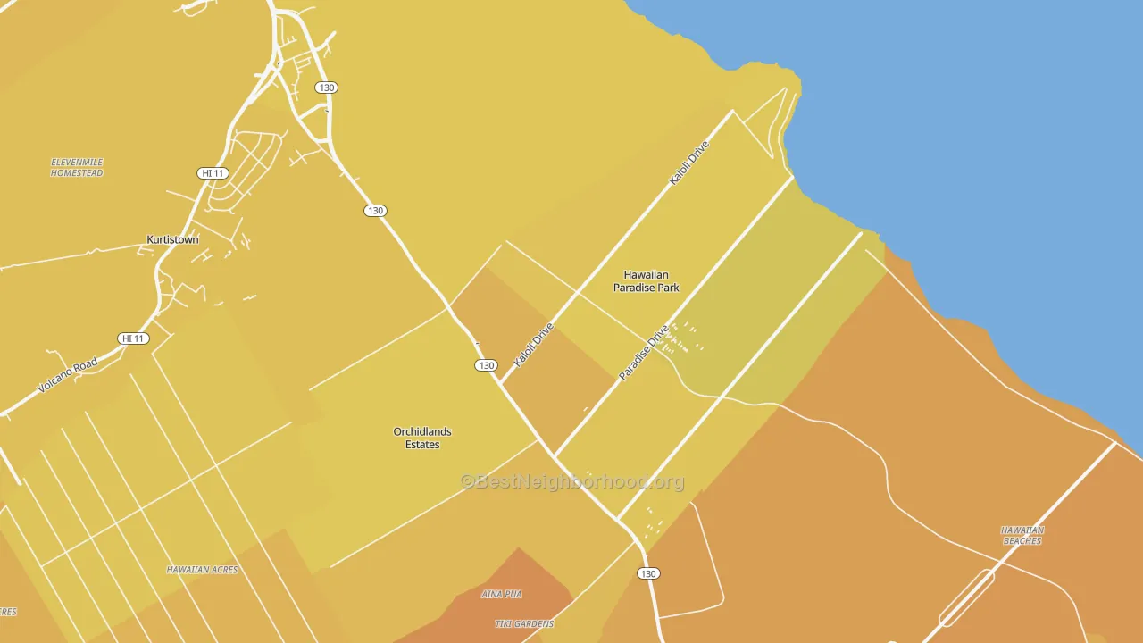 Map of the best neighborhoods in the 96749 area, with better matches in green and worse matches in red