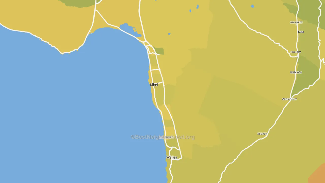 Map of the best neighborhoods in the 96753 area, with better matches in green and worse matches in red
