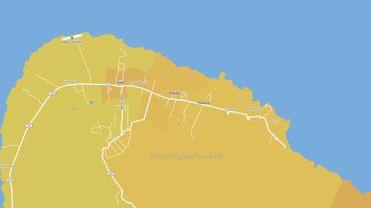 Map of the best neighborhoods in the 96755 area, with better matches in green and worse matches in red