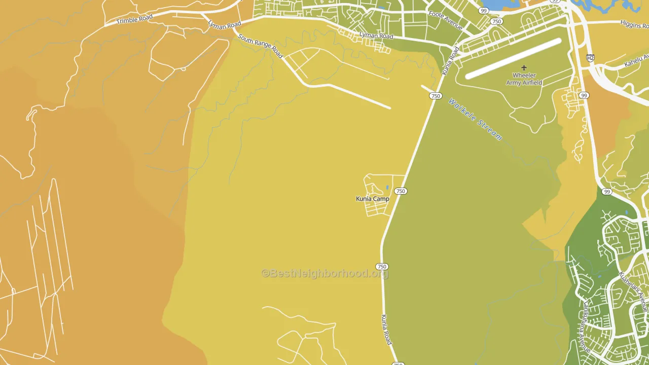 Map of the best neighborhoods in the 96759 area, with better matches in green and worse matches in red