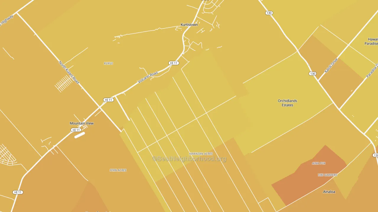 Map of the best neighborhoods in the 96760 area, with better matches in green and worse matches in red