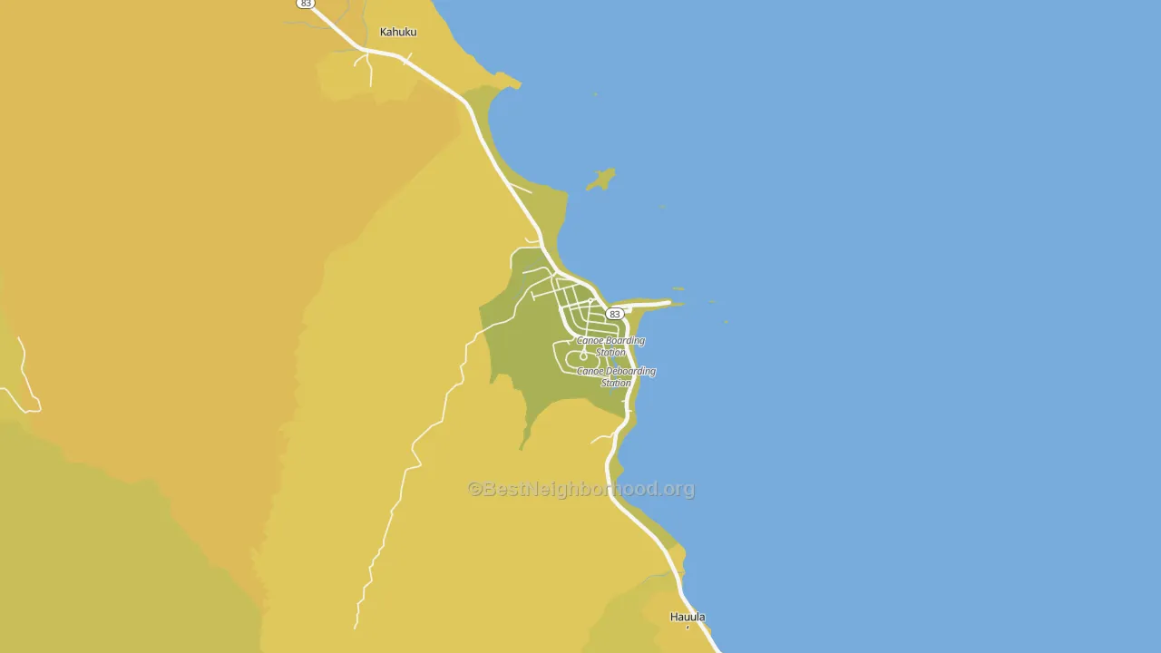 Map of the best neighborhoods in the 96762 area, with better matches in green and worse matches in red