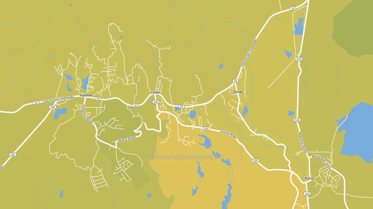 Map of the best neighborhoods in the 96765 area, with better matches in green and worse matches in red