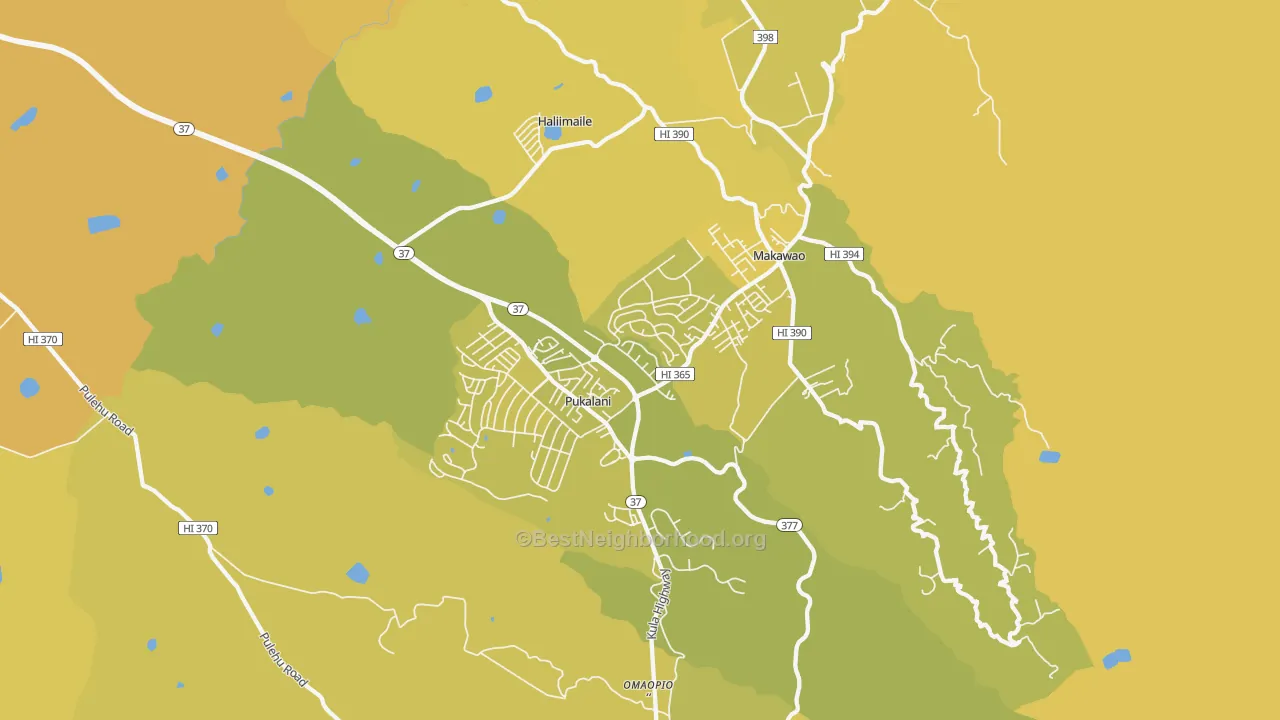 Map of the best neighborhoods in the 96768 area, with better matches in green and worse matches in red