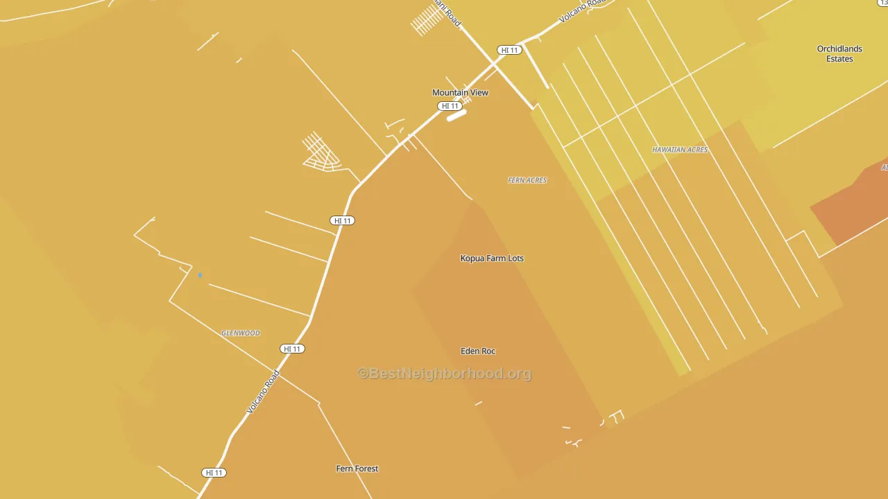 Map of the best neighborhoods in the 96771 area, with better matches in green and worse matches in red