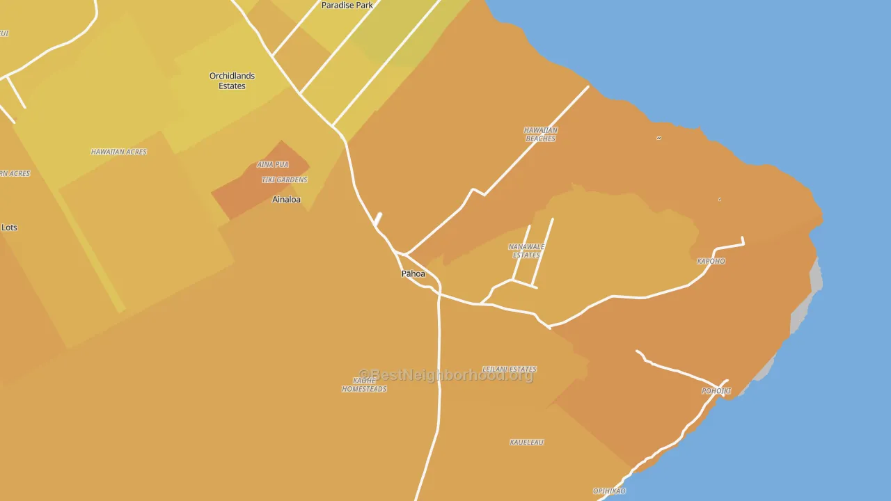Map of the best neighborhoods in the 96778 area, with better matches in green and worse matches in red