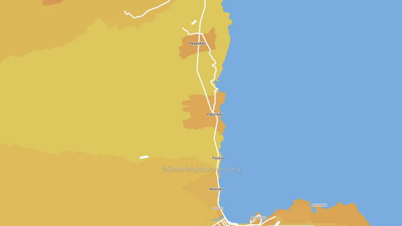 Map of the best neighborhoods in the 96781 area, with better matches in green and worse matches in red