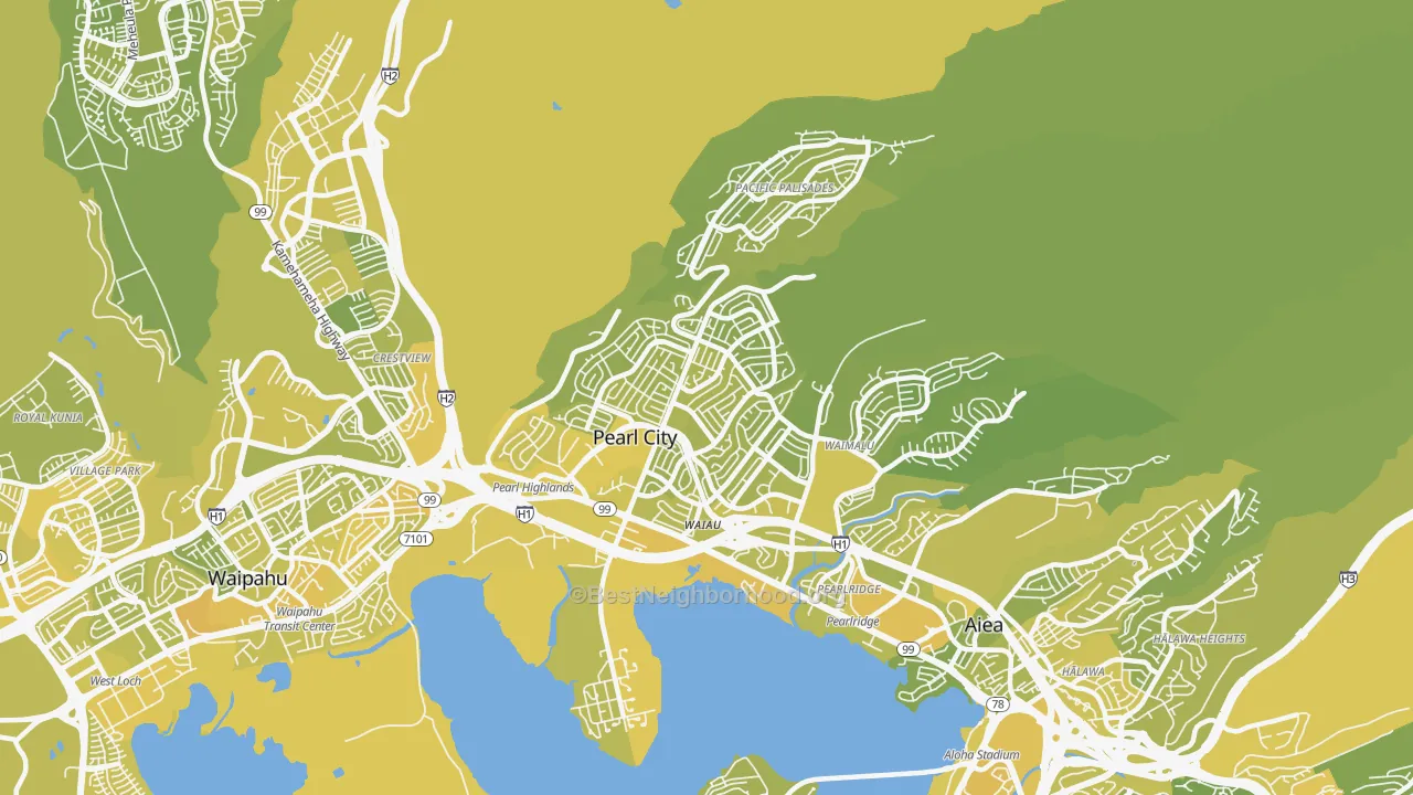 Map of the best neighborhoods in the 96782 area, with better matches in green and worse matches in red