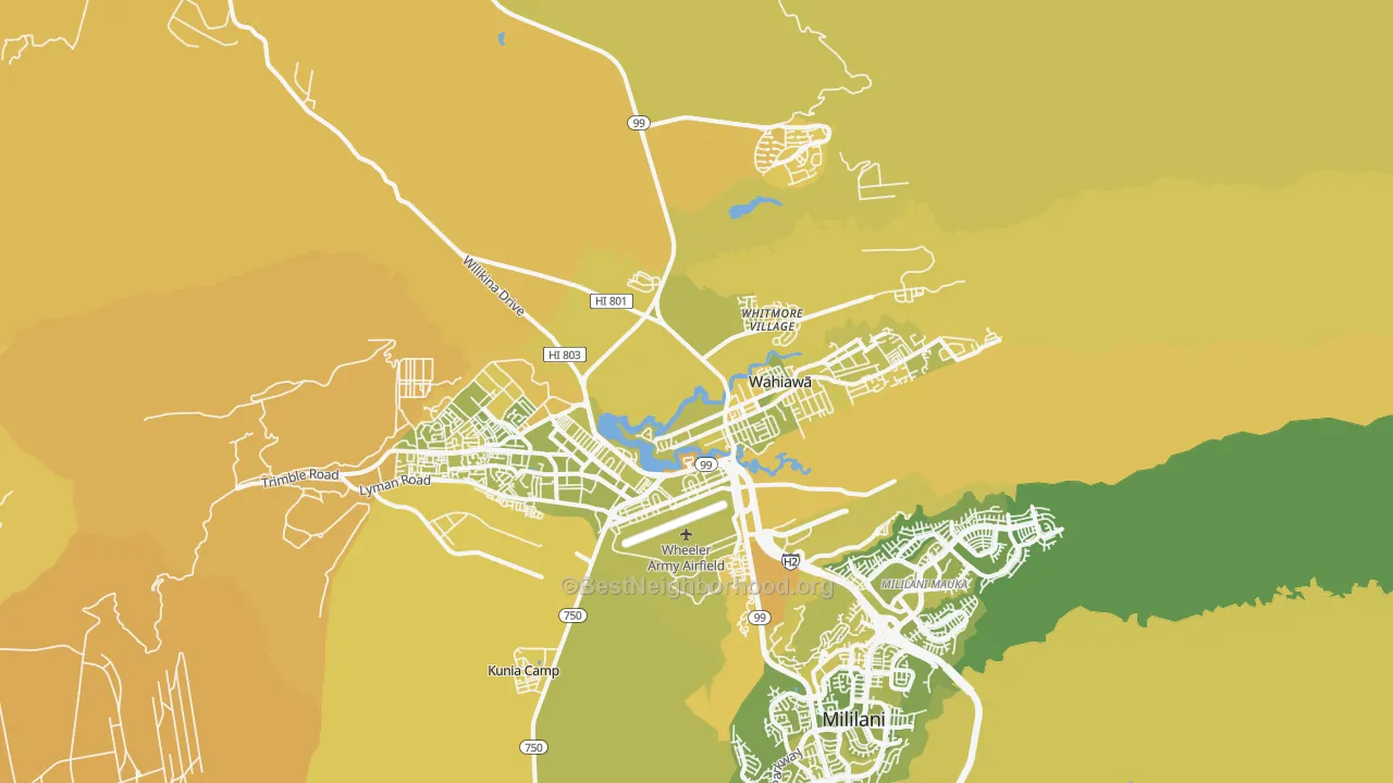 Map of the best neighborhoods in the 96786 area, with better matches in green and worse matches in red