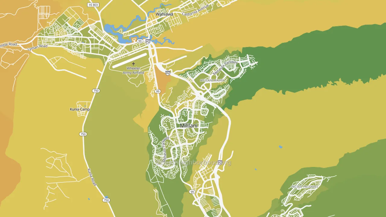 Map of the best neighborhoods in the 96789 area, with better matches in green and worse matches in red