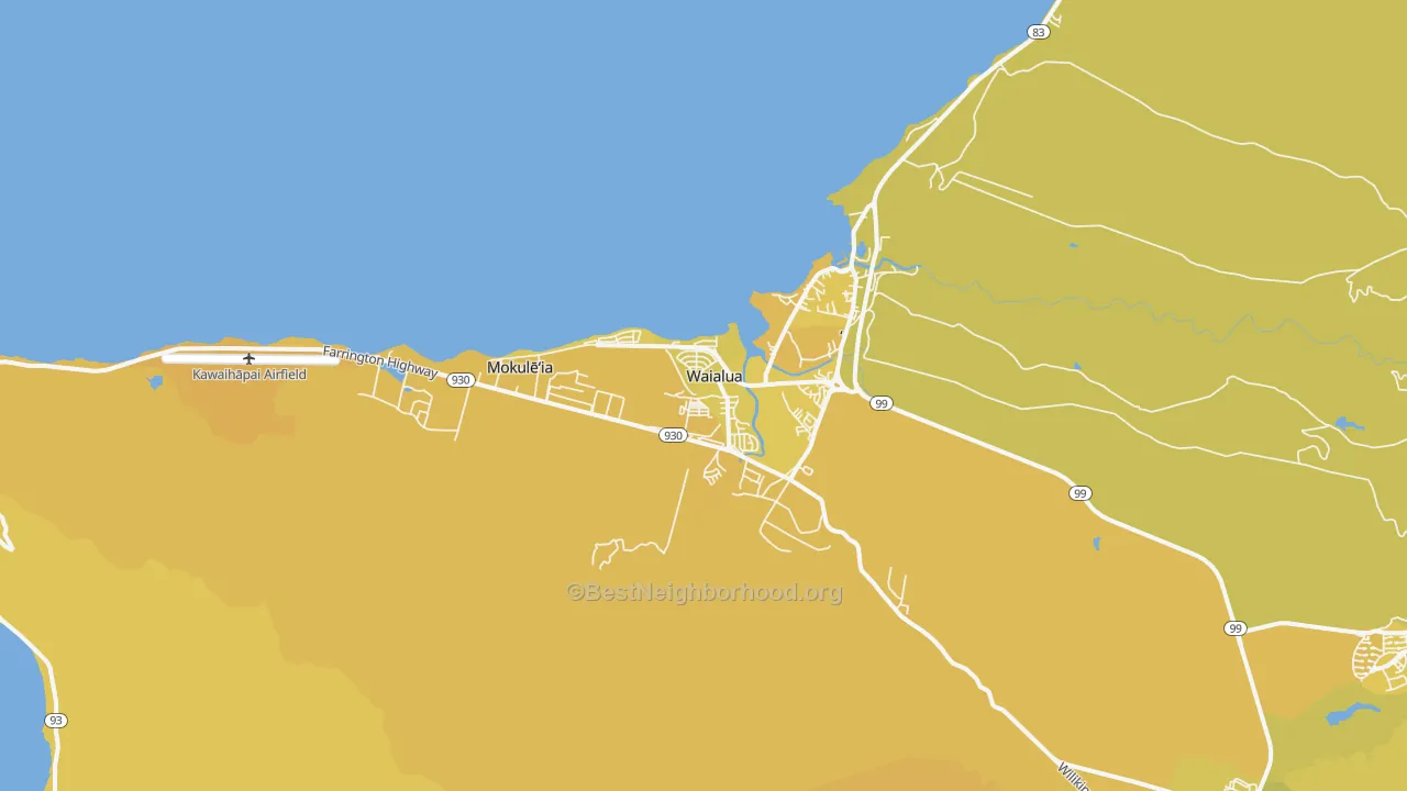 Map of the best neighborhoods in the 96791 area, with better matches in green and worse matches in red