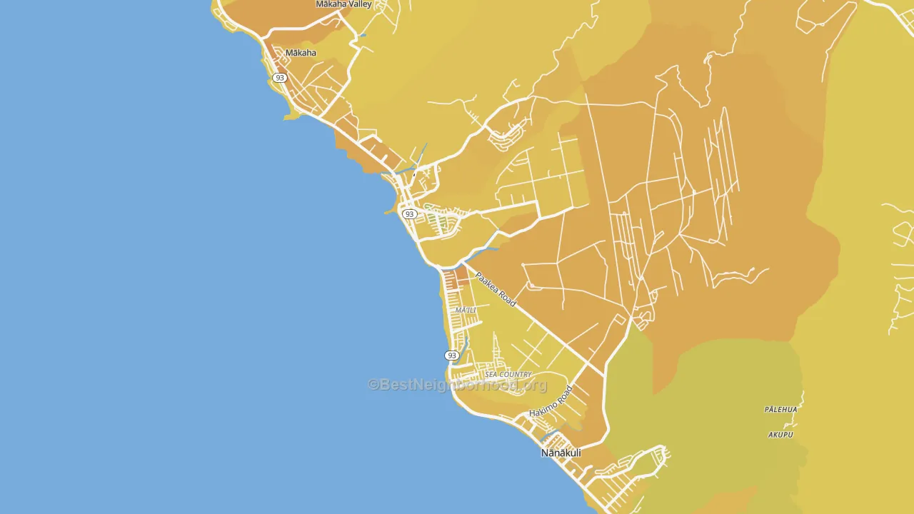 Map of the best neighborhoods in the 96792 area, with better matches in green and worse matches in red