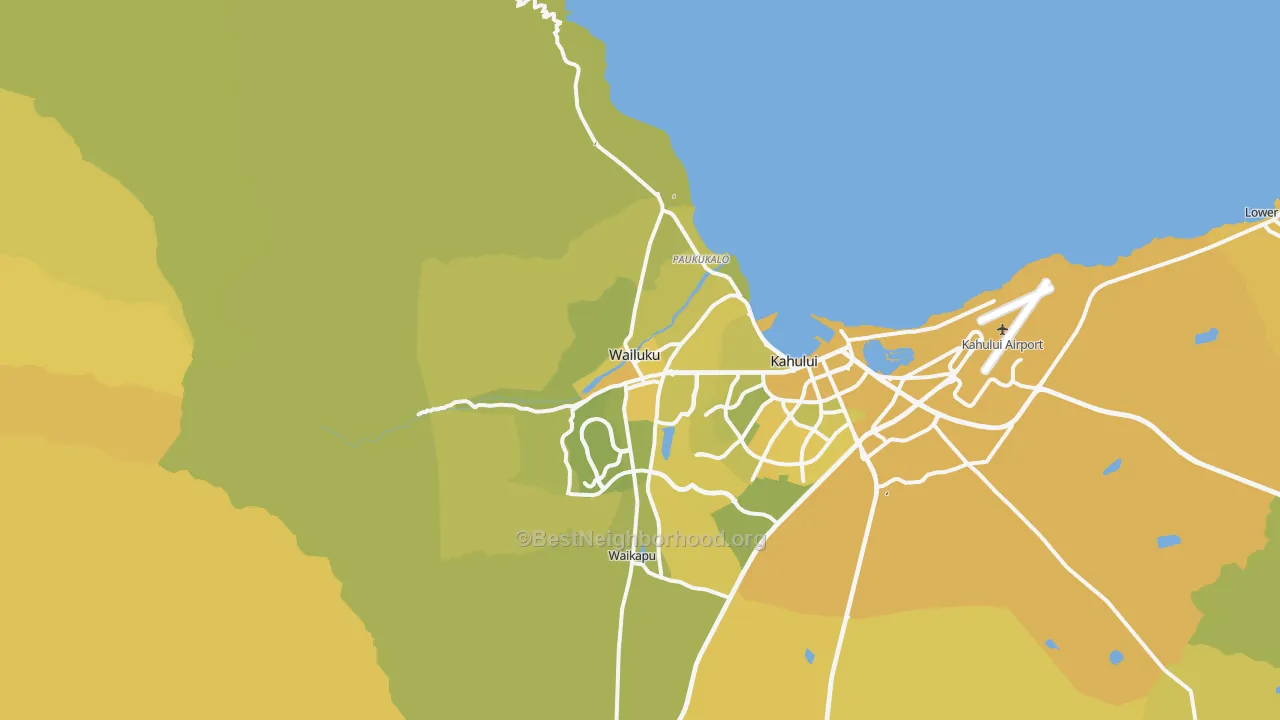 Map of the best neighborhoods in the 96793 area, with better matches in green and worse matches in red