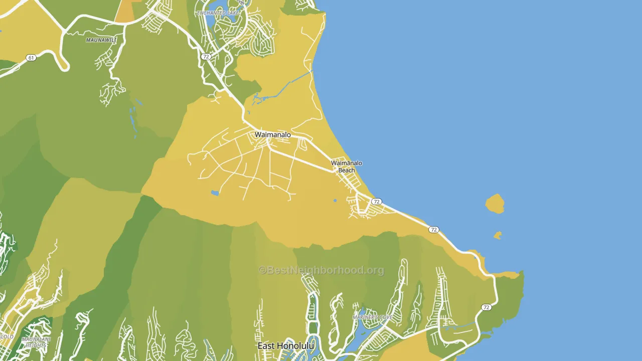 Map of the best neighborhoods in the 96795 area, with better matches in green and worse matches in red