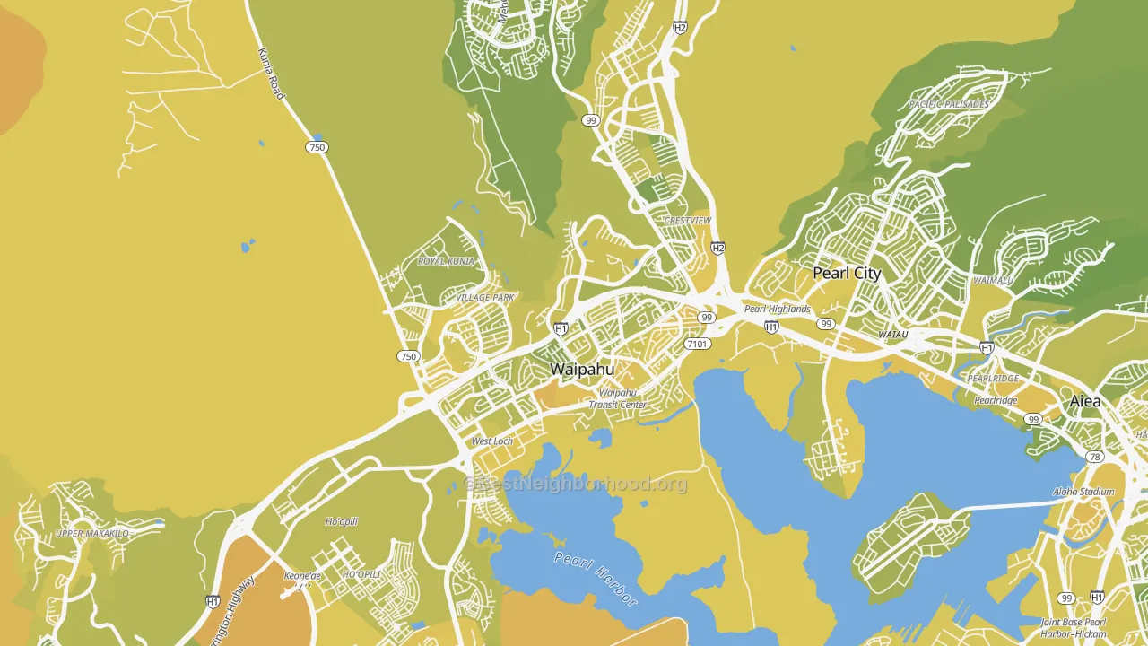 Map of the best neighborhoods in the 96797 area, with better matches in green and worse matches in red