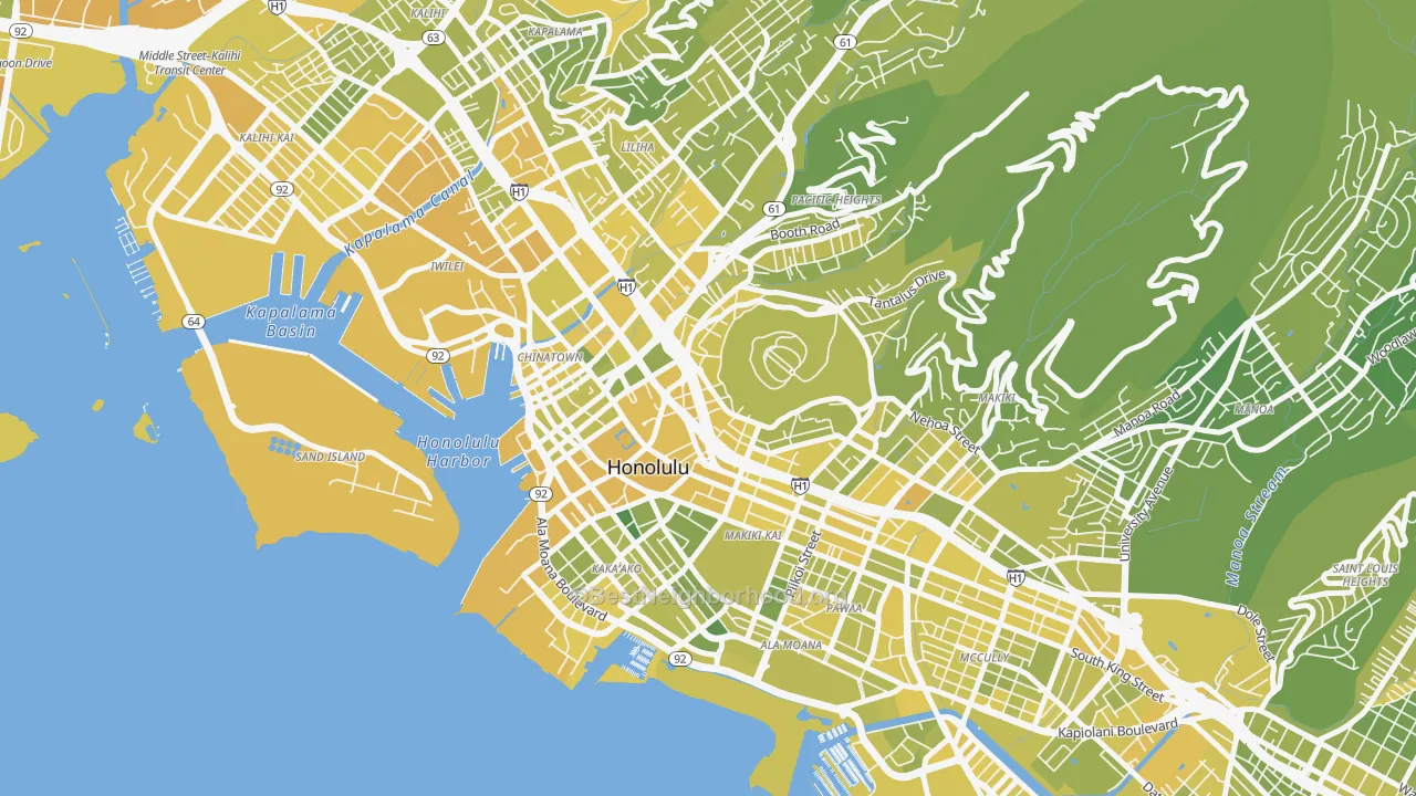 Map of the best neighborhoods in the 96813 area, with better matches in green and worse matches in red