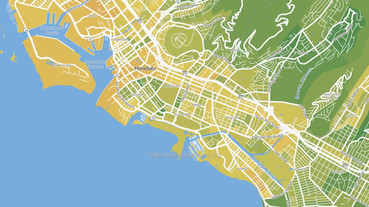 Map of the best neighborhoods in the 96814 area, with better matches in green and worse matches in red