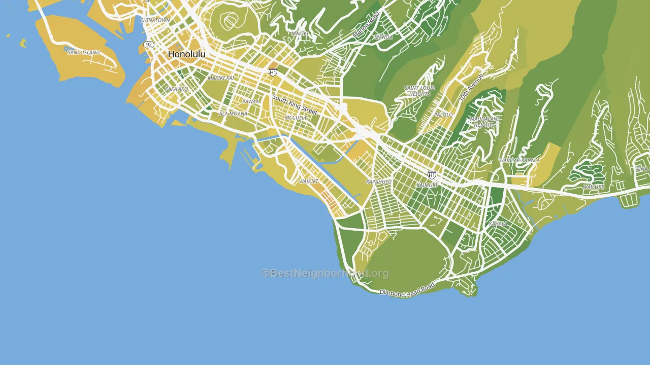 Map of the best neighborhoods in the 96815 area, with better matches in green and worse matches in red
