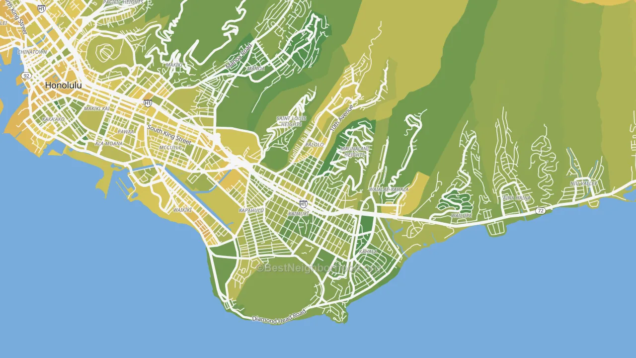 Map of the best neighborhoods in the 96816 area, with better matches in green and worse matches in red
