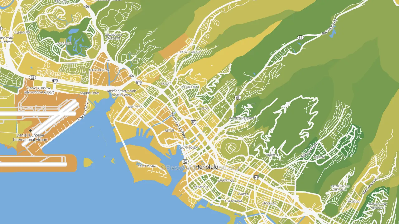 Map of the best neighborhoods in the 96817 area, with better matches in green and worse matches in red