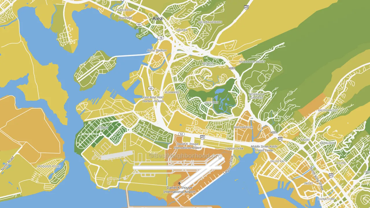 Map of the best neighborhoods in the 96818 area, with better matches in green and worse matches in red