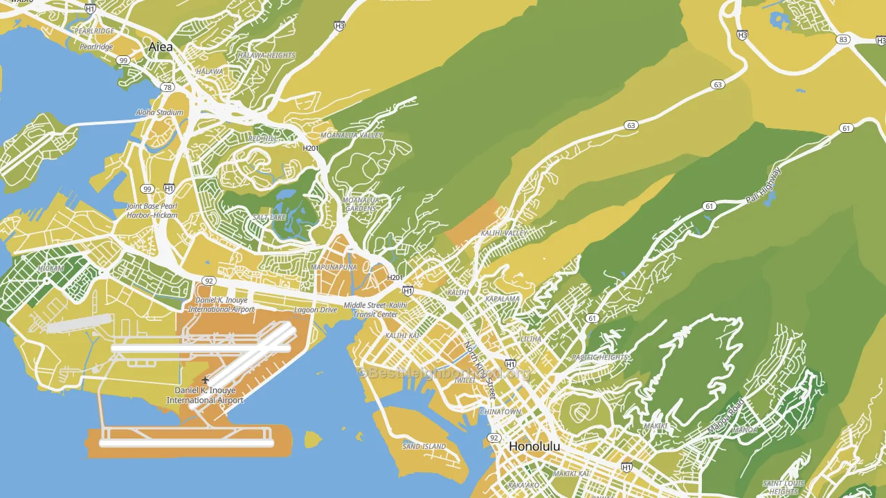 Map of the best neighborhoods in the 96819 area, with better matches in green and worse matches in red