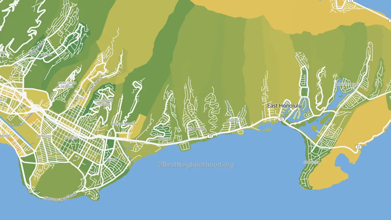 Map of the best neighborhoods in the 96821 area, with better matches in green and worse matches in red