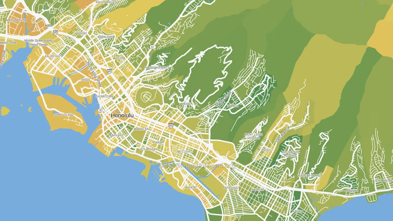 Map of the best neighborhoods in the 96822 area, with better matches in green and worse matches in red