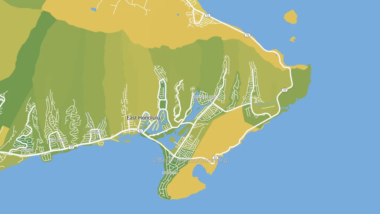 Map of the best neighborhoods in the 96825 area, with better matches in green and worse matches in red