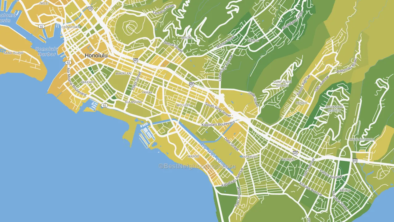Map of the best neighborhoods in the 96826 area, with better matches in green and worse matches in red