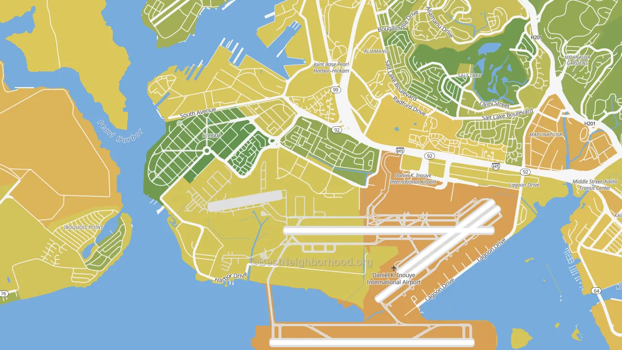 Map of the best neighborhoods in the 96853 area, with better matches in green and worse matches in red