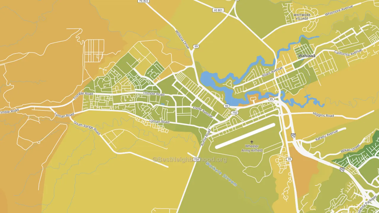 Map of the best neighborhoods in the 96857 area, with better matches in green and worse matches in red