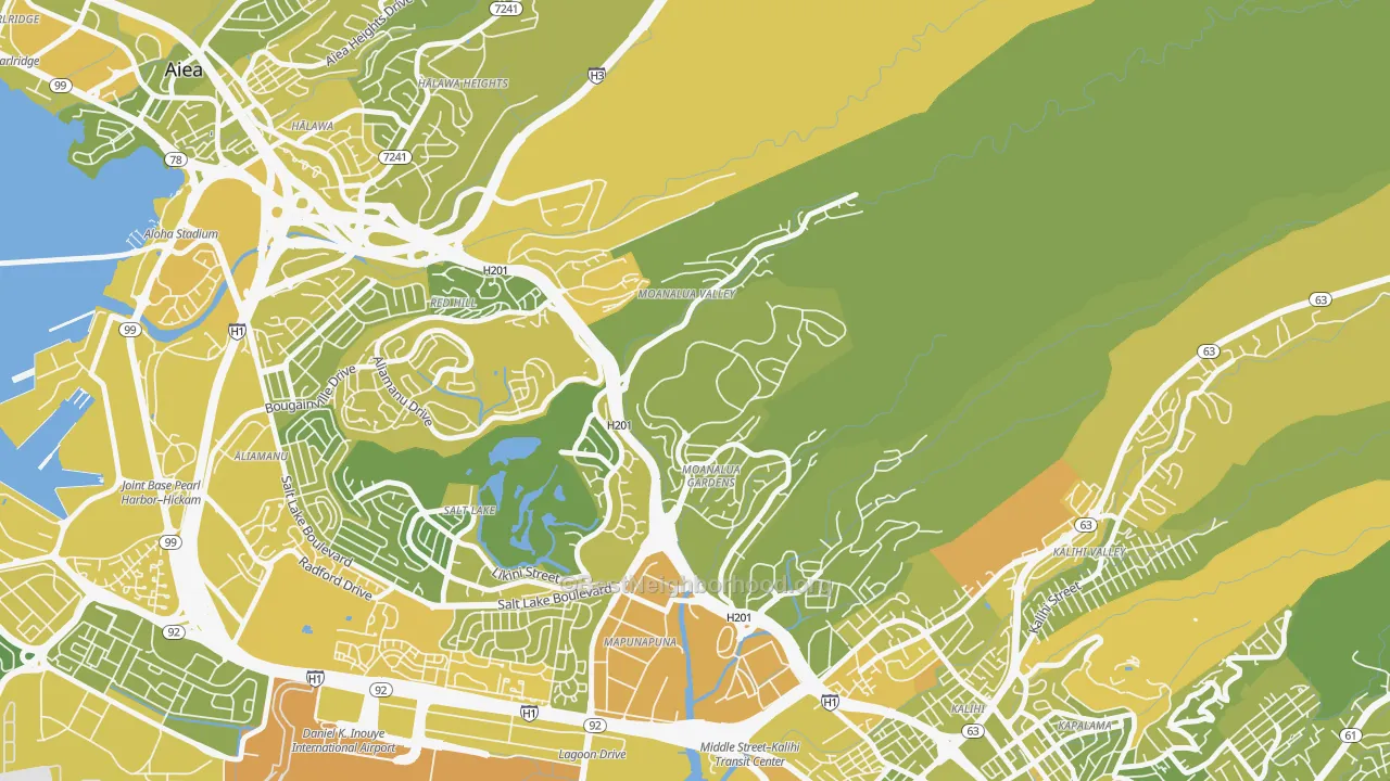 Map of the best neighborhoods in the 96859 area, with better matches in green and worse matches in red