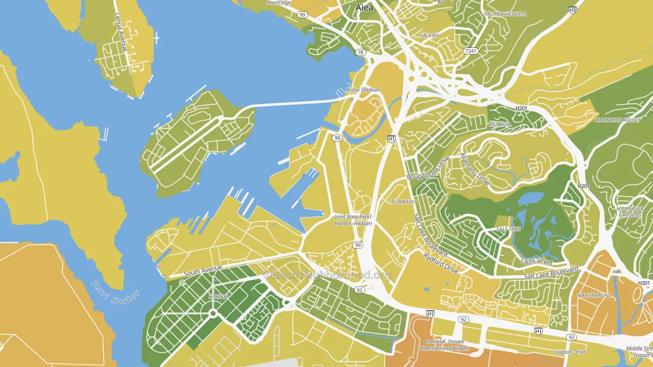 Map of the best neighborhoods in the 96860 area, with better matches in green and worse matches in red