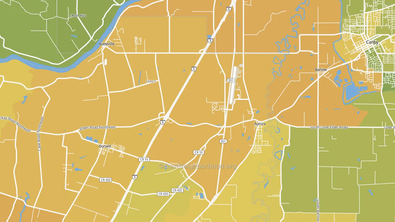 Map of the best neighborhoods in the 97002 area, with better matches in green and worse matches in red