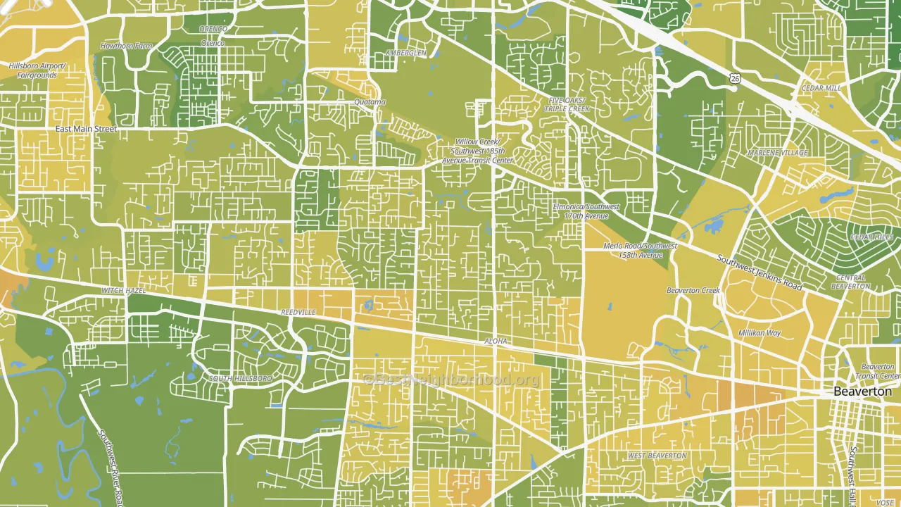 Map of the best neighborhoods in the 97003 area, with better matches in green and worse matches in red