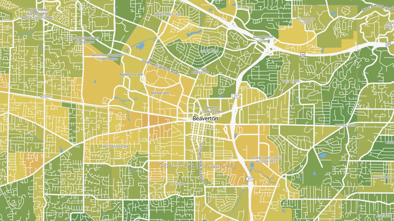 Map of the best neighborhoods in the 97005 area, with better matches in green and worse matches in red