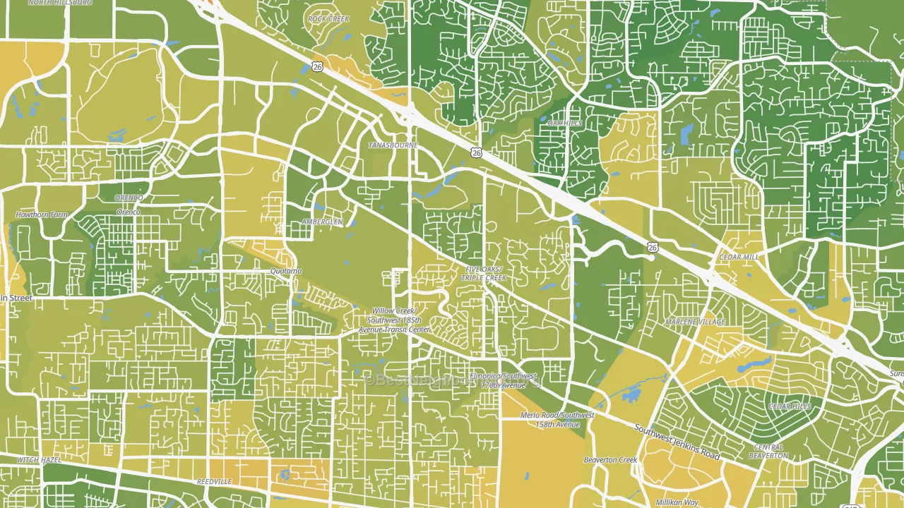Map of the best neighborhoods in the 97006 area, with better matches in green and worse matches in red