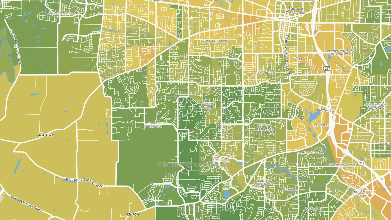 Map of the best neighborhoods in the 97007 area, with better matches in green and worse matches in red