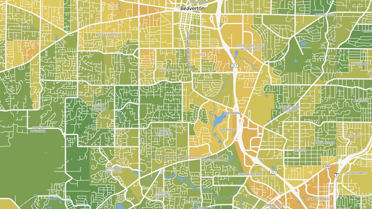Map of the best neighborhoods in the 97008 area, with better matches in green and worse matches in red