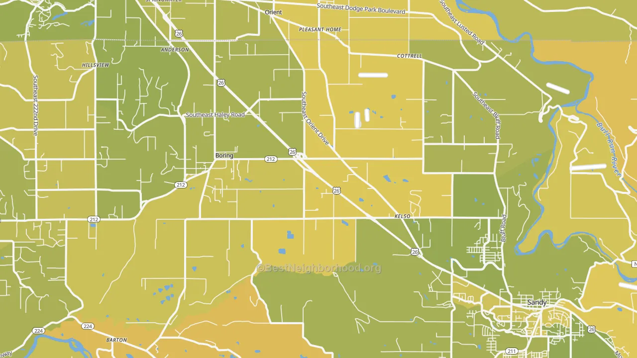 Map of the best neighborhoods in the 97009 area, with better matches in green and worse matches in red