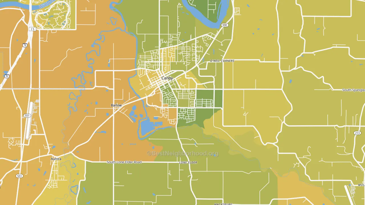 Map of the best neighborhoods in the 97013 area, with better matches in green and worse matches in red
