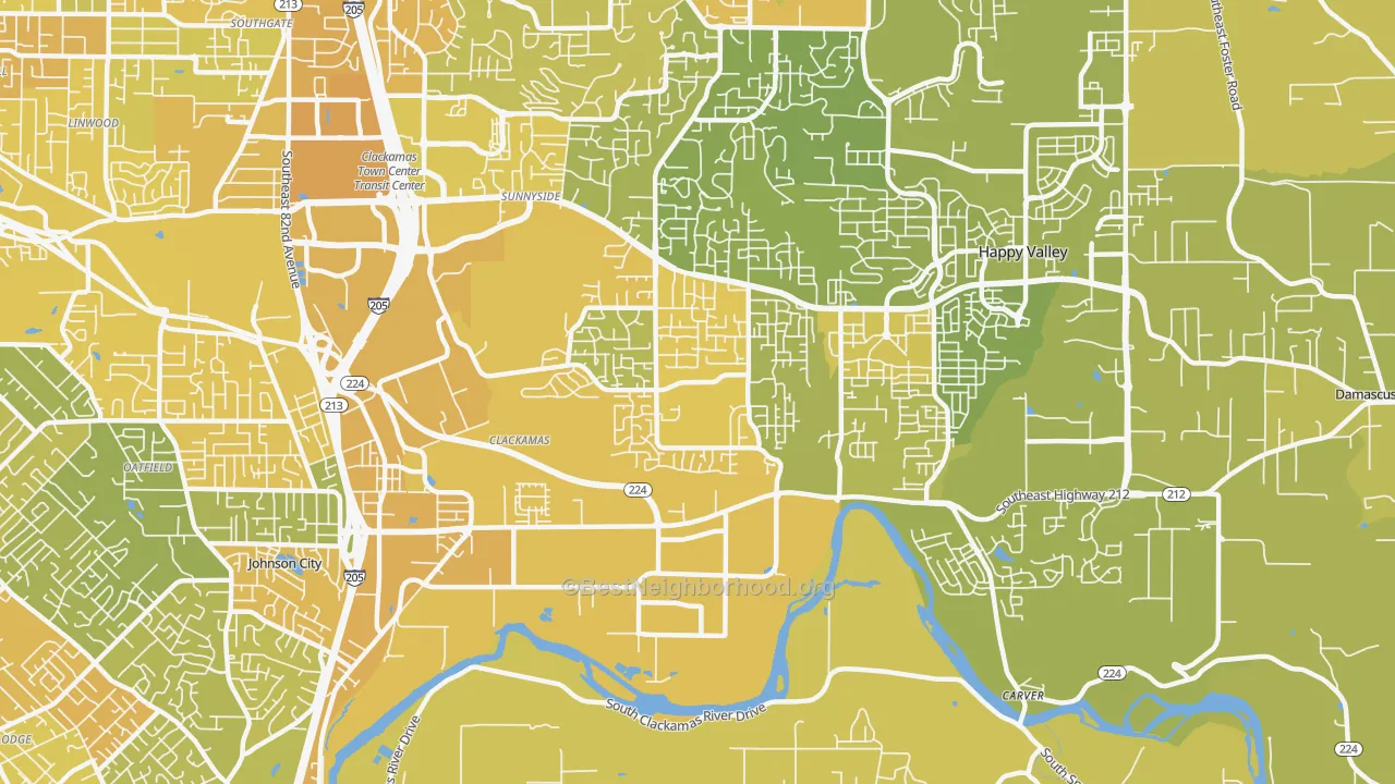 Map of the best neighborhoods in the 97015 area, with better matches in green and worse matches in red