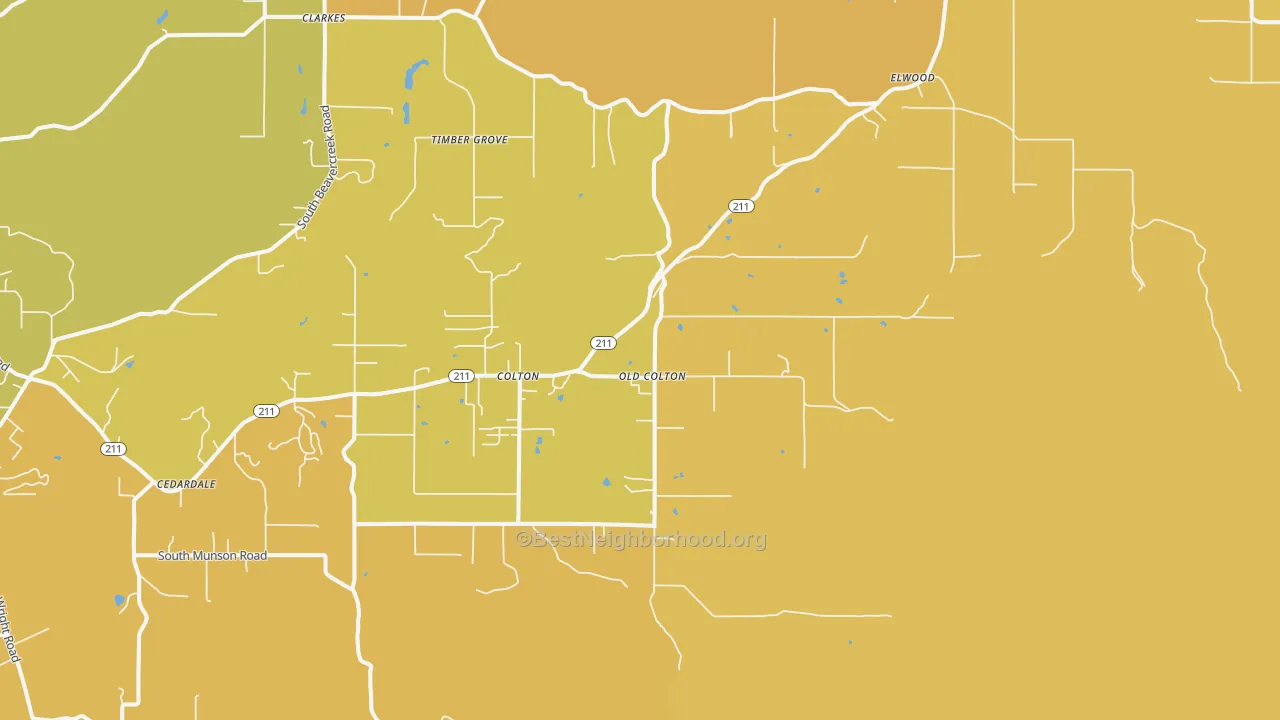 Map of the best neighborhoods in the 97017 area, with better matches in green and worse matches in red