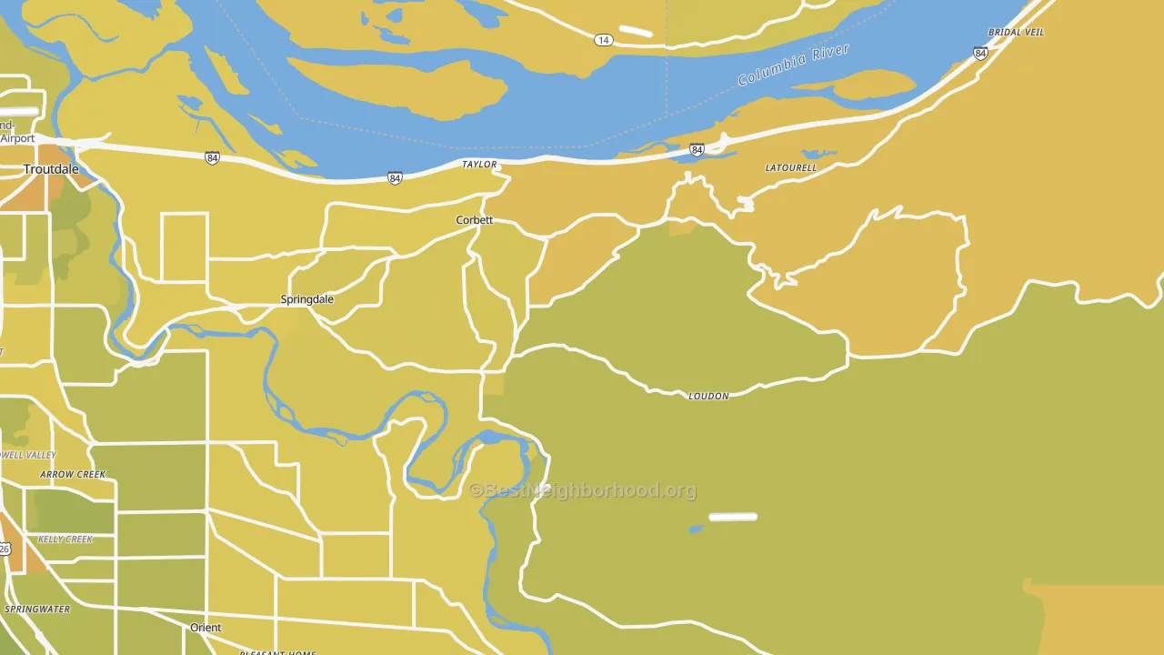 Map of the best neighborhoods in the 97019 area, with better matches in green and worse matches in red