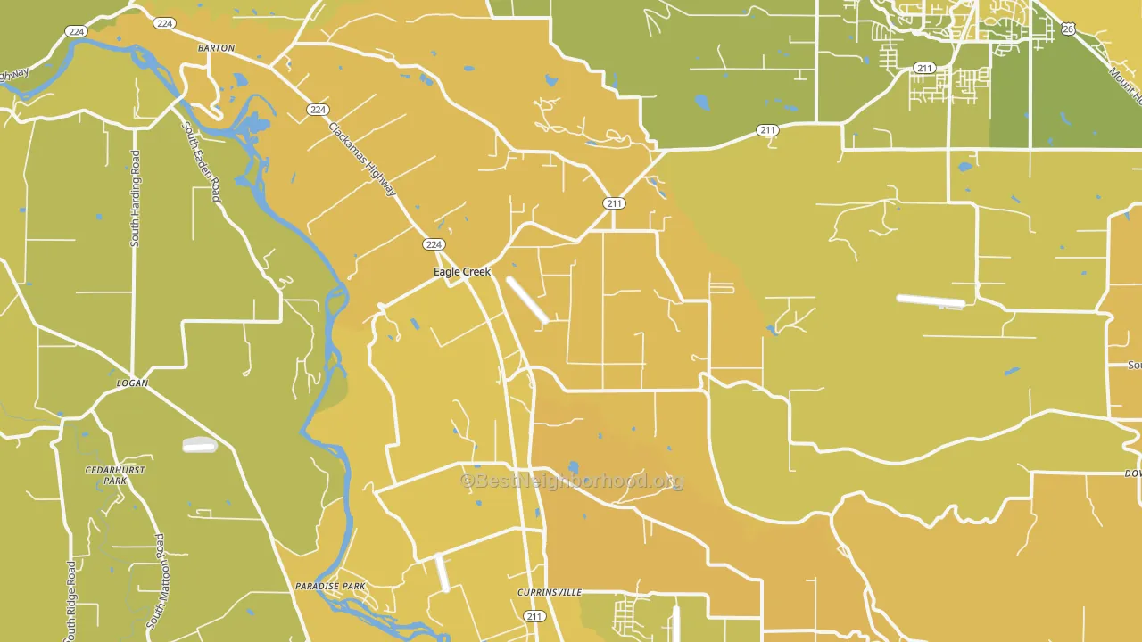Map of the best neighborhoods in the 97022 area, with better matches in green and worse matches in red