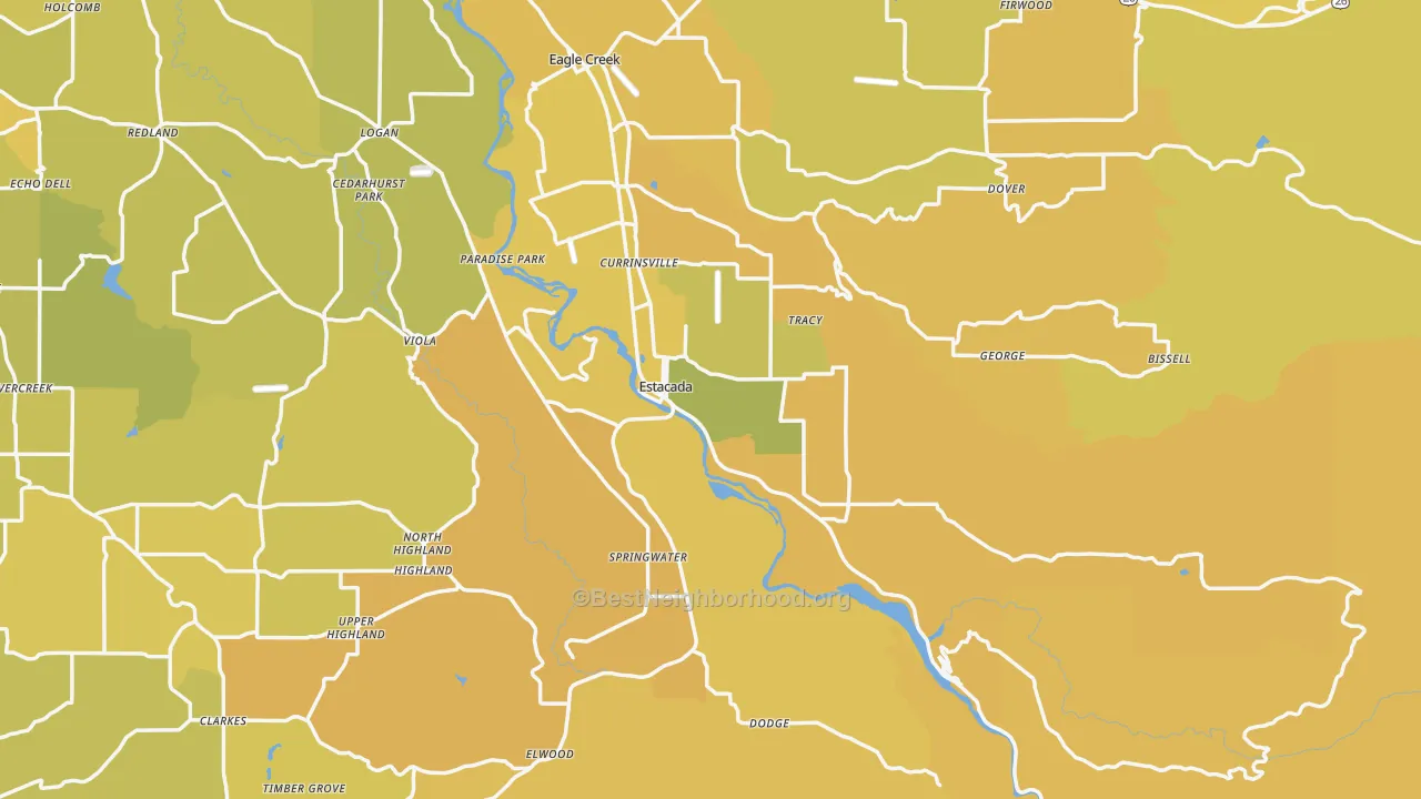 Map of the best neighborhoods in the 97023 area, with better matches in green and worse matches in red